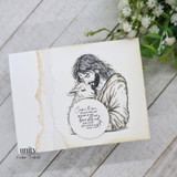Card with the Held in His Hands red rubber set: a sketch of Jesus cradling a lamb beside 'Come to me, all you who are weary and burdened, and I will give you rest'.