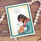 Teal-framed card with a colored image of Jesus holding a lamb and the same 'Come to me... I will give you rest' sentiment.
