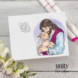 Card with Jesus in a magenta robe holding a lamb above the 'Come to me, all you who are weary and burdened' sentiment.