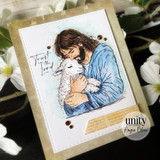 Card with Jesus in a blue robe holding a lamb and the sentiment 'Trust in the Lord'.