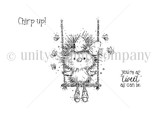 Line-art stamp of a fluffy little bird on a swing with sentiments 'chirp up!' and 'you're as tweet as can be.'