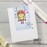 Clean card of the fluffy bird in a bow on a swing, 'you're as tweet as can be.'