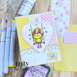 Card of the swinging bird inside a stitched heart on pink gingham papers, 'you're as tweet as can be.'