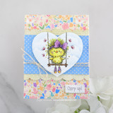 Soft floral card of the bird on a swing tucked in a blue heart, 'chirp up!'
