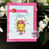 Pink-striped card of the swinging bird with cloudy sky, 'you're as tweet as can be.'