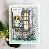 Card of the little bird perched by a rustic window and wildflowers, 'chirp up!'