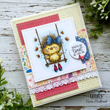 Layered card of the bow-wearing bird on a swing over patterned papers, 'you're as tweet as can be.'