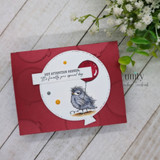 Deep-red card of a plain little bird in a circle, 'not attention seeker.. it's finally your special day.'