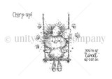 Line-art stamp of a fluffy little bird on a swing with sentiments 'chirp up!' and 'you're as tweet as can be.'
