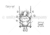 Red rubber stamp sheet with a fluffy bird on a rope swing among blossoms, carrying 'Chirp up!' and 'you're as tweet as can be'.
