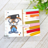 A stamped card showcasing a nerdy bunny in big round glasses and denim overalls, surrounded by books from Unity Stamp Co's Clever Cottontail red rubber stamp set, with the sentiment 'Think BIG, dream BIGGER'.