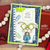 A cardmaking project featuring a nerdy bunny in big round glasses and denim overalls, surrounded by books from Unity Stamp Co's Clever Cottontail red rubber stamp set, with the sentiment 'You have big brain energy'.