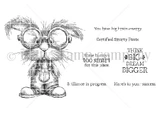 Red rubber stamp sheet with a rabbit in oversized round glasses and boots, carrying 'Certified Smarty Pants' and 'THINK BIG DREAM BIGGER'.