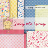 The Swing into Spring 6x6 paper pack spread out - tulips, butterflies, gingham, dots and script prints in blush, butter yellow and cornflower blue, with a fluffy chick on a swing beside the script title.