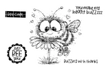 Hip Hop Honeybee red rubber stamp sheet: a fuzzy big-eyed bee on a daisy with 'You make my heart buzzzzz,' 'Just BEE you' and 'buzzing with thanks.'
