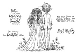 Outline stamp sheet of a bride and groom seen from behind hand in hand, with the sentiment "Two hearts. One beautiful life."
