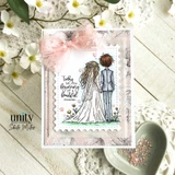 Soft vintage card of the wedding couple with a pink bow, framed by dogwood blooms, reading "Today is the beginning of a beautiful forever."