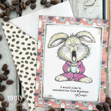 Card with the yawning bunny in a pink robe over patterned papers and the unsubscribe sentiment.