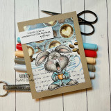 Kraft card with the yawning bunny over latte-art papers and the unsubscribe sentiment.
