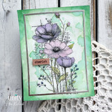 Green-framed card with the flowers colored purple and a small 'cherish' tag.