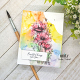 Watercolor card with the flowers in a pink and yellow wash and 'Beautiful things take time.'