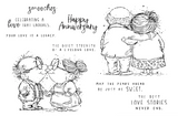 Outline stamp sheet of an elderly couple embracing and kissing, with "Celebrating a love that endures," "Happy Anniversary" and "The best love stories never end."