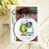 Card of the embracing couple in a circle with buttons and "Happy Anniversary."