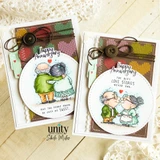 Two cards of the couple, embracing and kissing, in circles with "Happy Anniversary."