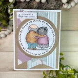 Card of the embracing couple in a circle with "Celebrating a love that endures."