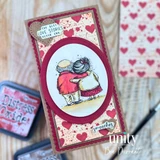 Slimline of the embracing couple in an oval with "smooches."