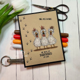 Kraft card with the three coloured chickens and 'We were as SURPRISED as you.'