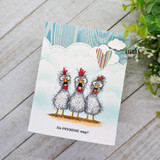 Soft sky card with the three chickens and 'No PECKING way?'
