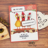 Card with the three chickens in speech bubbles reading 'OH. MY. WORD.' and 'No PECKING way!'