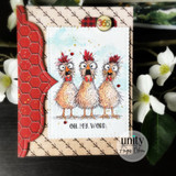 Card with the three chickens over chicken-wire and 'OH. MY. WORD.'