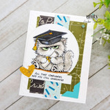 Card with the grumpy grad cat in a black cap colored soft brown, framed in a circle with 'all that complaining and you still graduated.'