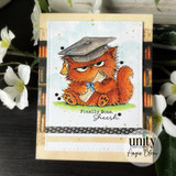 Grumpy orange grad cat card on dogwood-blossom background reading 'finally done. sheesh.'