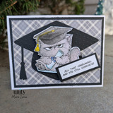 Grey plaid card featuring the grumpy grad cat under an oversized black graduation cap, 'all that complaining and you still graduated.'