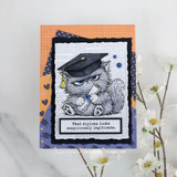 Monochrome grad cat card on orange dot paper with 'that diploma looks suspiciously legitimate.'