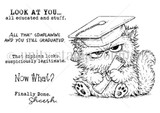 Line-art stamp sheet of a grumpy graduate cat in a mortarboard cap with snarky sentiments like 'that diploma looks suspiciously legitimate' and 'now what?'