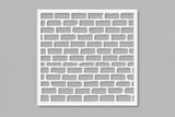 Zoo Brick Background stencil, a white square panel cut in an offset running brick pattern, shown on a grey background.