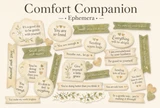 Comfort Companion ephemera sheet from Unity Stamp Co on soft kraft cardstock, printed with die-cut banners and tags of gentle comfort and encouragement sentiments such as 'You are so loved' and 'You are enough', accented with muted sage botanical sprigs.