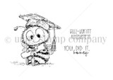 Red rubber stamp sheet with a round fuzzy bee in a graduation cap and tassel clutching a rolled diploma, beside sentiments reading 'Buzz-worthy achievement' and 'You did it, honey'.