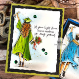 Handmade graduation card featuring a girl in cap and gown holding a diploma and bouquet with “Let your light shine. You’ve made us so very proud” sentiment