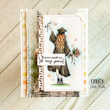 Handmade graduation card featuring a girl in cap and gown holding a diploma and bouquet with “You’ve made us so very proud” sentiment