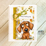 Handmade inspirational card with adorable puppy gazing at butterfly, layered floral patterned papers, lace trim and bow detail, and “Keep looking up” sentiment