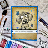 Blue-framed card with a watercolor puppy and butterfly, 'You're a bright spot in my world.'