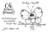 Red rubber stamp sheet: a round-eyed cartoon butterfly perched on a leafy branch, beside 'Oh, hi there friend!', 'Sending a tiny lift', 'I'm fluttering by and suddenly forgot why.' and 'just a surprise note.'