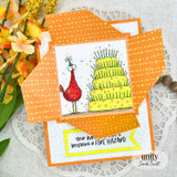 Orange card with the party-hat chicken and tall cake and 'Your birthday cake is becoming a FIRE HAZARD.'