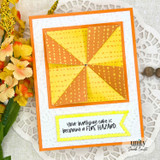 Card with the chicken and cake over a yellow pinwheel panel and 'Your birthday cake is becoming a FIRE HAZARD.'