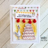 Card with the chicken and towering cake with pom-pom accents and 'Your birthday cake is becoming a FIRE HAZARD.'